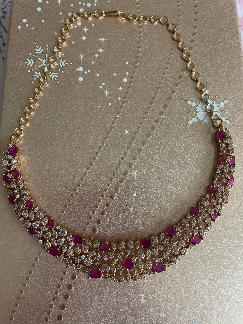 Gold-Tone Necklace with Fuchsia Gem Accents